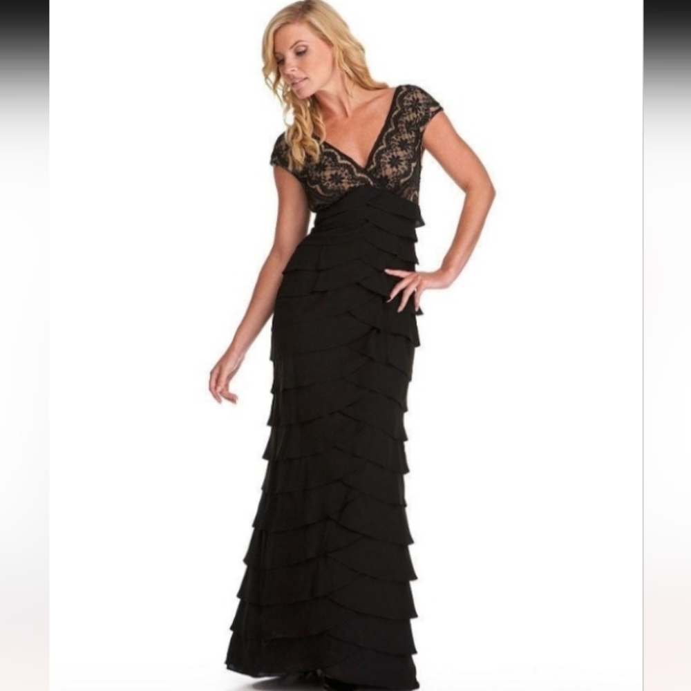 Adrianna Papell Black Tiered Lace Maxi Dress
